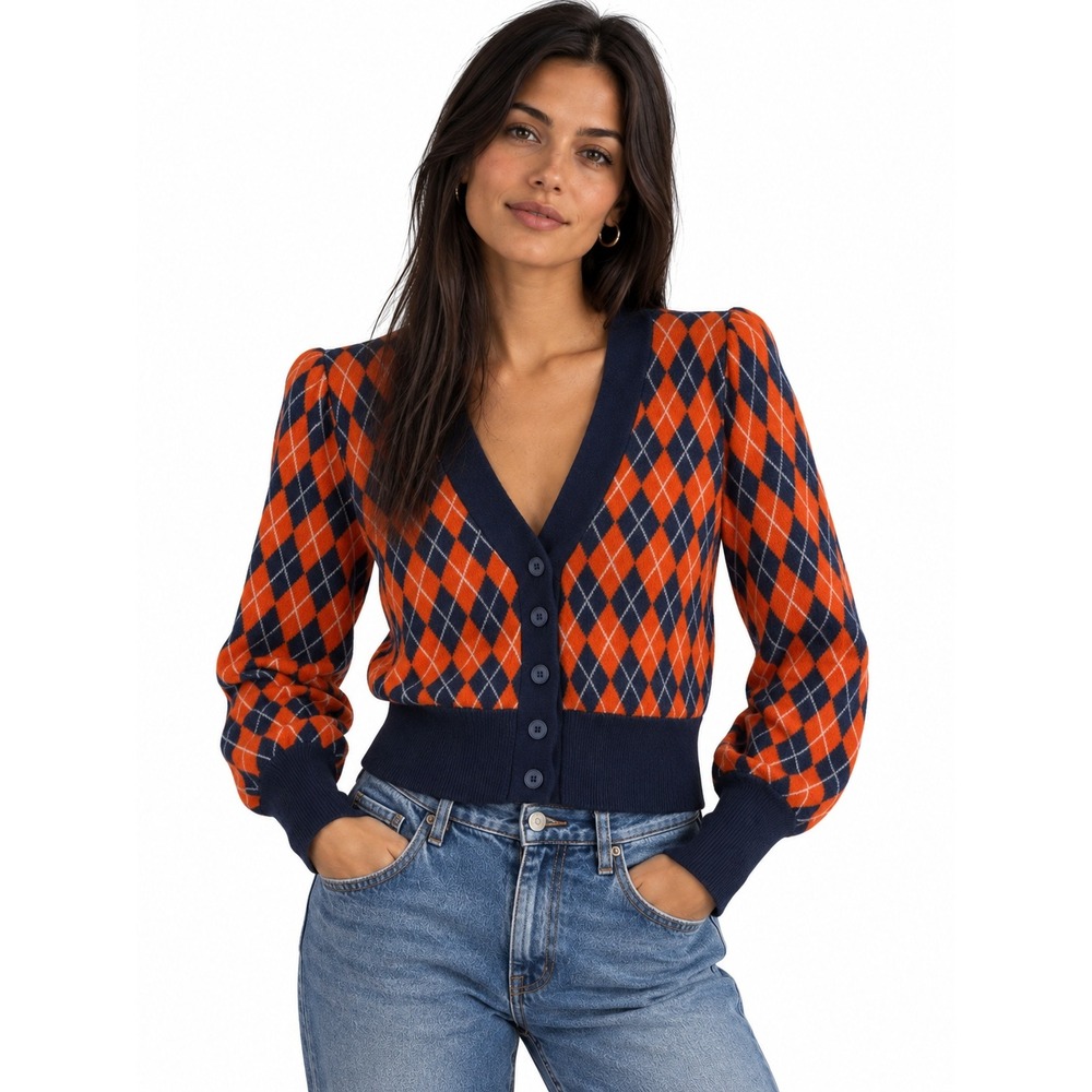 Maeve Anthropologie Orange Navy Argyle Puff Sleeve Cropped Cardigan Medium